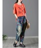 Vintage Women Elastic Waist Floral Embroidery Rips Harem Jeans