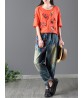 Vintage Women Elastic Waist Floral Embroidery Rips Harem Jeans