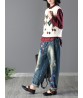 Vintage Women Elastic Waist Floral Embroidery Rips Harem Jeans