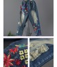 Vintage Women Elastic Waist Floral Embroidery Rips Harem Jeans