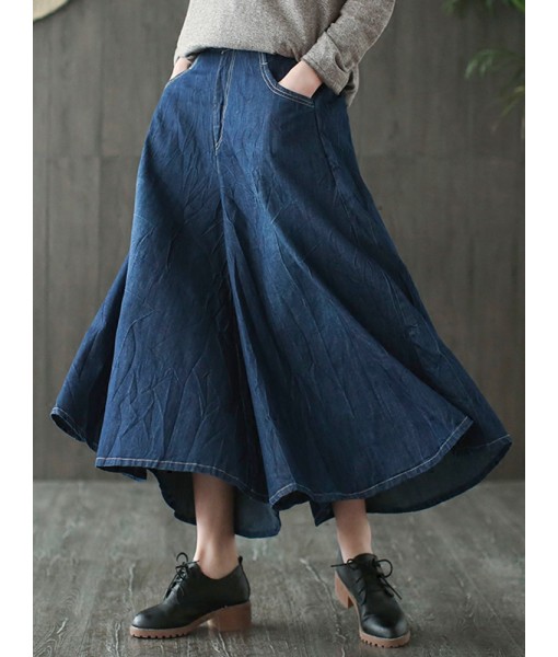 Women Pleated Wide Leg Denim Culottes ...