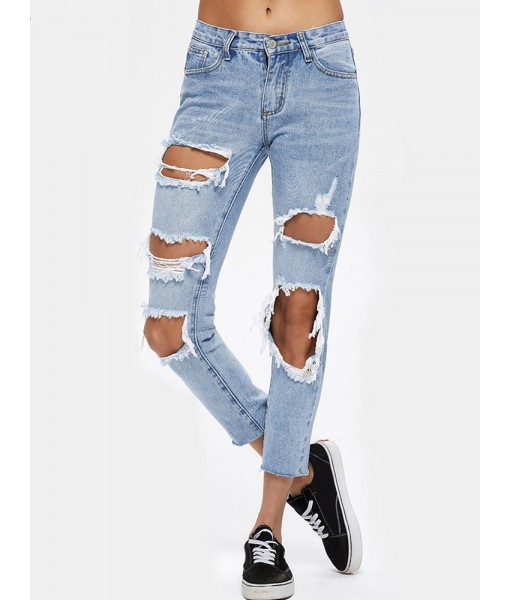 Casual Women Ripped Hole Mid Rise Cropped Jeans