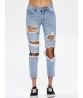 Casual Women Ripped Hole Mid Rise Cropped Jeans