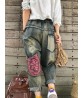 Folk Style Women High Waist Patchwork Pocket Harem Jeans