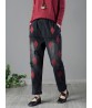 Vintage Women Elastic Waist Embroidery Rips Harem Jeans