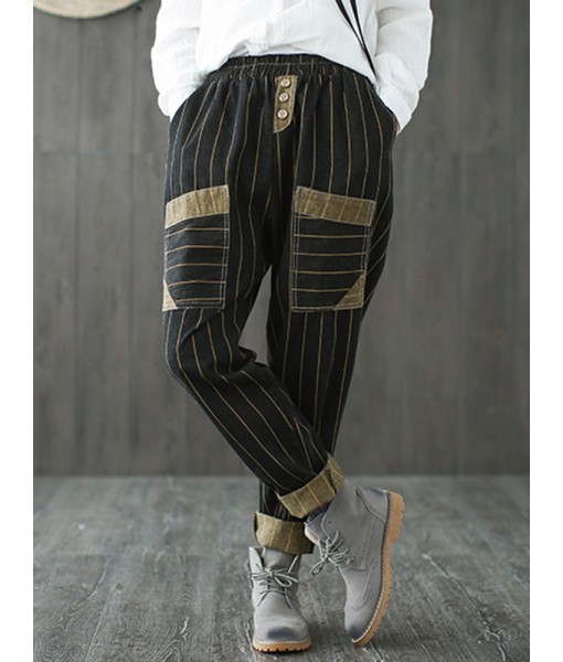 Vintage Women Striped Patchwork Pocket Elastic ...