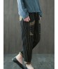 Vintage Women Striped Patchwork Pocket Elastic Waist Jeans