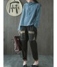 Vintage Women Striped Patchwork Pocket Elastic Waist Jeans