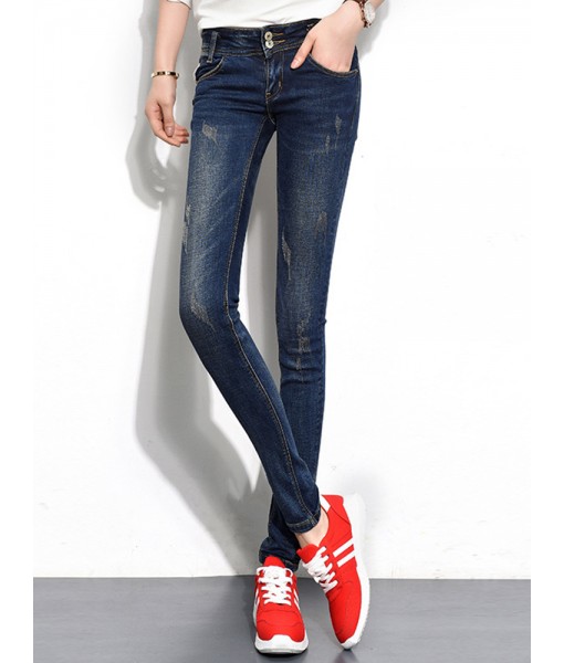 Dark Blue Women High Waist Elastic Slim Denim Jeans with Pockets