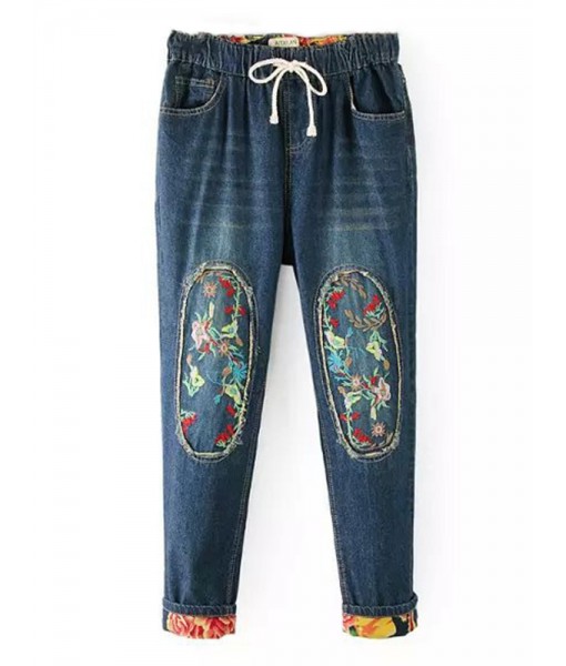 Casual Women Embroidery Fleece Elastic Waist Denim Jeans