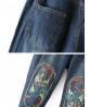 Casual Women Embroidery Fleece Elastic Waist Denim Jeans