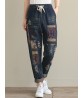 Folk Style Women Drawstring Waist Embroidered Patchwork Ripped Denim Jeans