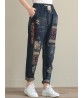 Folk Style Women Drawstring Waist Embroidered Patchwork Ripped Denim Jeans