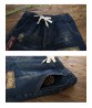 Folk Style Women Drawstring Waist Embroidered Patchwork Ripped Denim Jeans