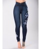 Navy Women Flower Embroidered High Waist Slim Denim Jeans