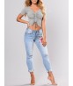 Light Blue Women Flower Embroidered Ripped Hole High Waist Denim Jeans