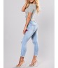 Light Blue Women Flower Embroidered Ripped Hole High Waist Denim Jeans