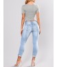 Light Blue Women Flower Embroidered Ripped Hole High Waist Denim Jeans