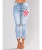 Light Blue Women Flower Embroidered Ripped Hole High Waist Denim Jeans