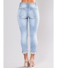 Light Blue Women Flower Embroidered Ripped Hole High Waist Denim Jeans