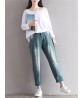 Vintage Casual Women Stitching Ankle-length Cotton Jeans With Pocket