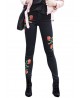 Women Rose Embroidery High Waist Denim Pencil Pants