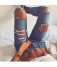 Women`s Damaged Holes Fringe Washed Stretch Denim Jeans Pencil Pants Trousers