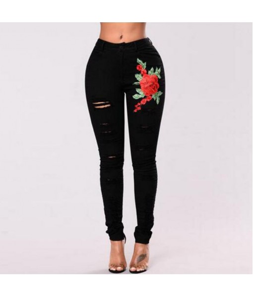 Fashion Flower Patch Ripped Jeans High Waist Pants Skinny Jeans