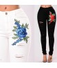 Fashion Flower Patch Ripped Jeans High Waist Pants Skinny Jeans