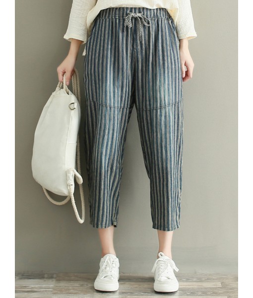 Casual Loose Stripe Drawstring Waist Women Pants