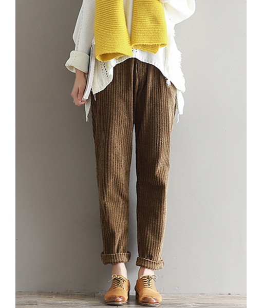 Casual Solid Color Elastic Waist Corduroy ...