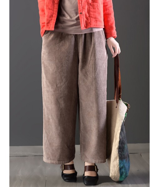 Casual Loose Women Pure Color Elastic Waist Thick Corduroy Pants