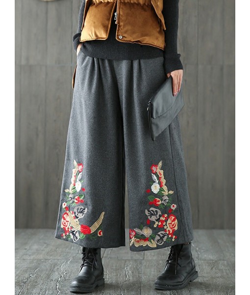 Vintage Women Embroidery Loose Elastic Waist Wide Leg Pants