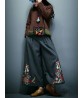 Vintage Women Embroidery Loose Elastic Waist Wide Leg Pants