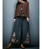 Vintage Women Embroidery Loose Elastic Waist Wide Leg Pants