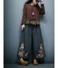 Vintage Women Embroidery Loose Elastic Waist Wide Leg Pants