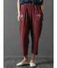 Vintage Embroidery Pocket Loose Elastic Waist Women Pants