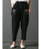 Vintage Embroidery Pocket Loose Elastic Waist Women Pants