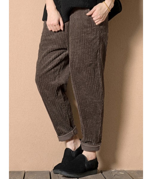 Casual Loose Solid Color Elastic Waist Harem Corduroy Pants for Women