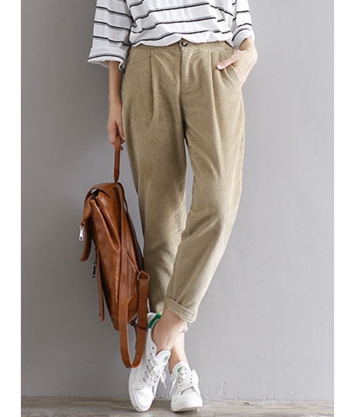 Casual Women Solid Color Elastic Waist Harem Corduroy Trousers