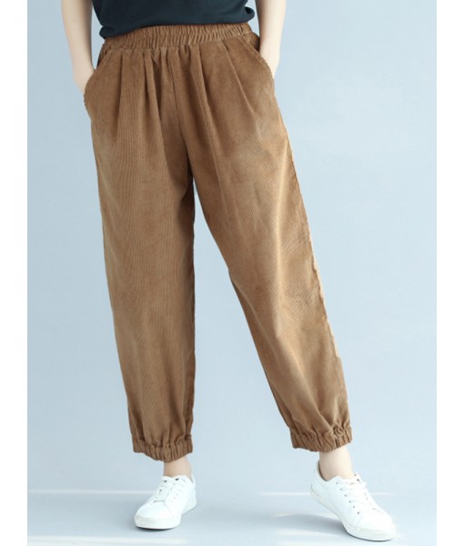 Pure Color Elastic Waist Women Corduroy Pants