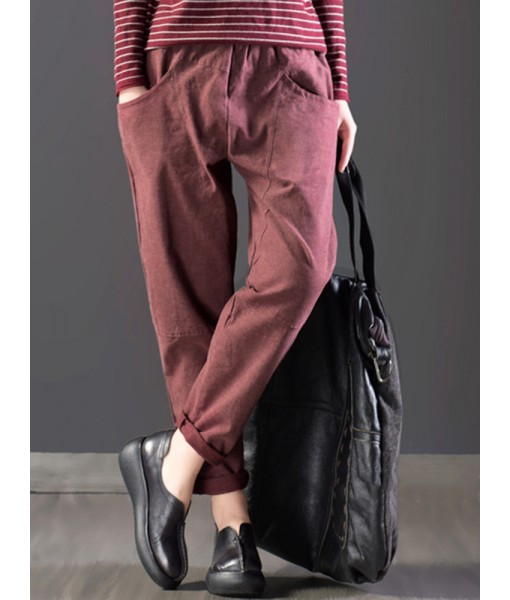 Women Casual Pure Color Elastic Waist Pockets Pants